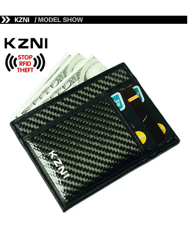 KZNI Rfid Блокировка из углеродного волокна Женский кошелек из натуральной кожи для кредитных карт держатель для карт женский кошелек черный кожаный чехол для карт