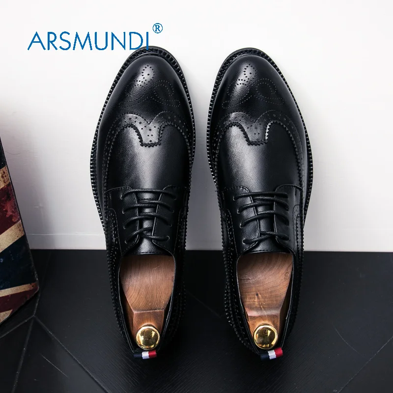 ARSMUNDI Men Dress Shoes Brogue Genuine Leather Black Fashion Business 2017 Lace Up Casual 92-9A216 | Обувь