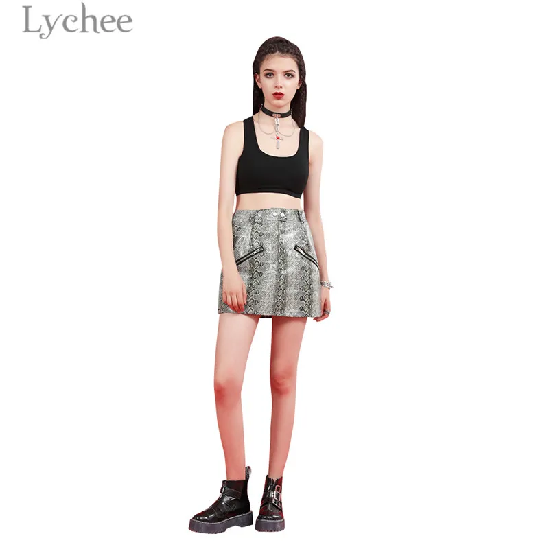 Модная женская юбка Lychee из змеиной кожи мини на молнии с высокой талией