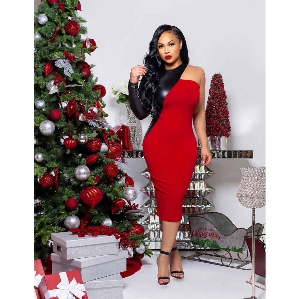 AHVIT PU Patchwork Sexy Party Dress O Neck One Shoulder Long Sleeve Sheath Spring Elegant Women Bodycon WY6532 | Женская одежда