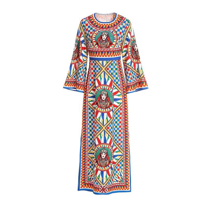 

2019 New Women's Dress Famous family style Round Neck Long-sleeved High Waist Slim Beach Red Ladies Long Dresses Spring Ummer