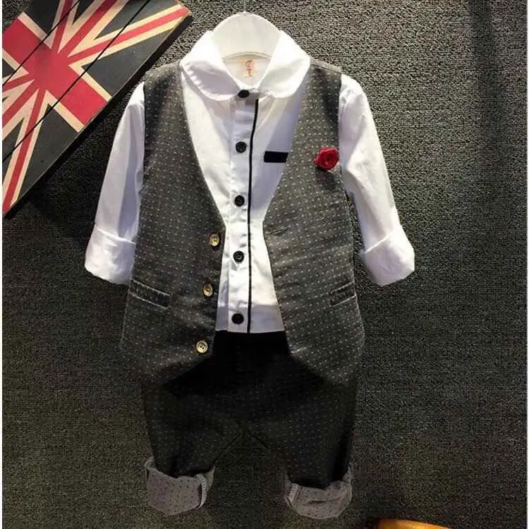free shipping wholesale newest gentleman fashion white paoka dot Vest red brooch shirt trousers 3pc Set boys clothing sets |