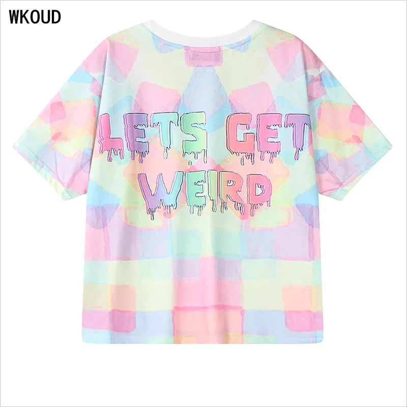 Женская футболка с буквенным принтом WKOUD свободная эластичная коротким рукавом в