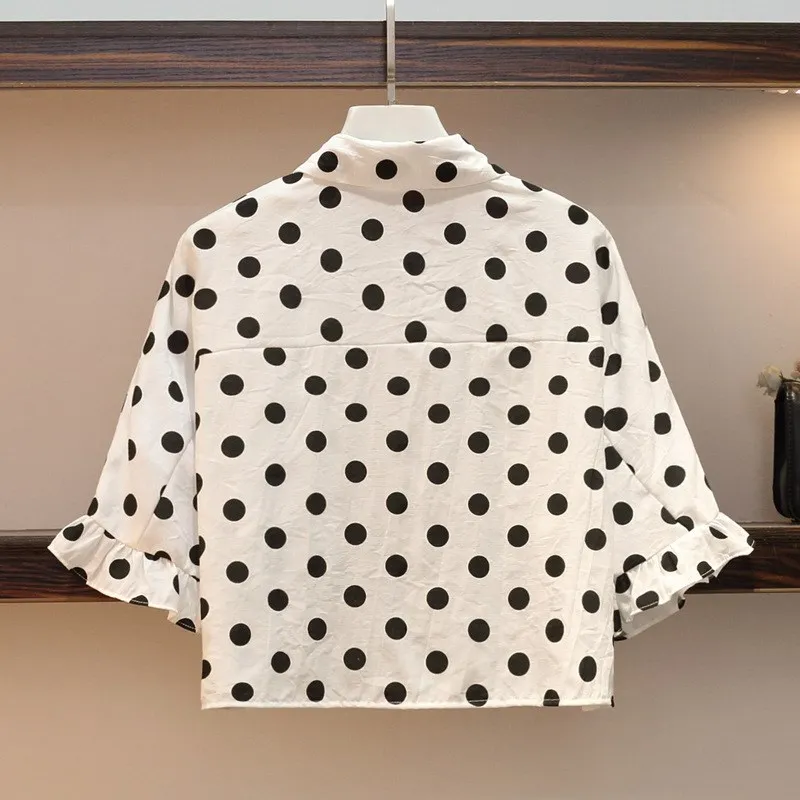 Женский костюм в горошек большие размеры модная рубашка и джинсовая юбка миди