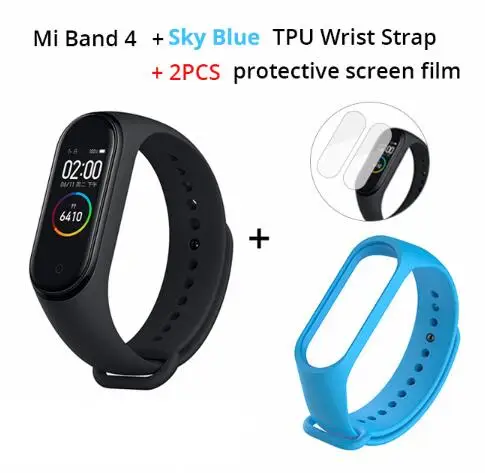 add blue strap film Xiaomi mi Band 4 умный браслет 3 цвета AMOLED экран mi band 4 Smartband фитнес-тренажер Bluetooth спортивный водонепроницаемый смарт-браслет - Цвет: add blue strap film