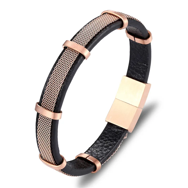 Rose Gold Высококачественная цепочка из нержавеющей стали, браслет из натуральной кожи, мужской роскошный браслет из розового золота, мужские ювелирные изделия, подарки - Окраска металла: Rose Gold