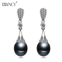 fashion black pearl earrings natural pearl stud earrings women long earrings 925 sterling silver wedding gift