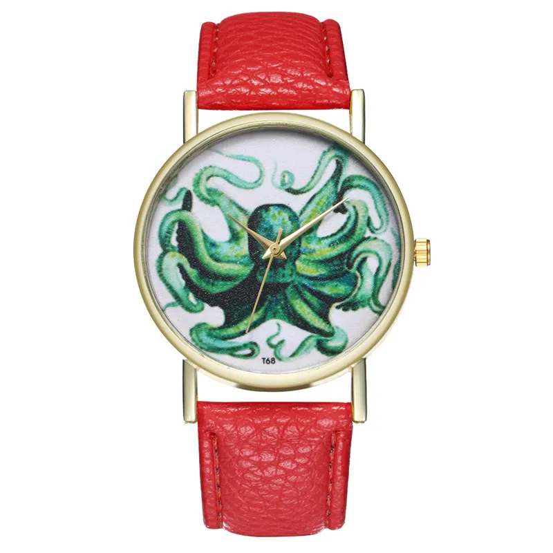 2018 новые кожаные часы с рисунком осьминога женские модные кварцевые