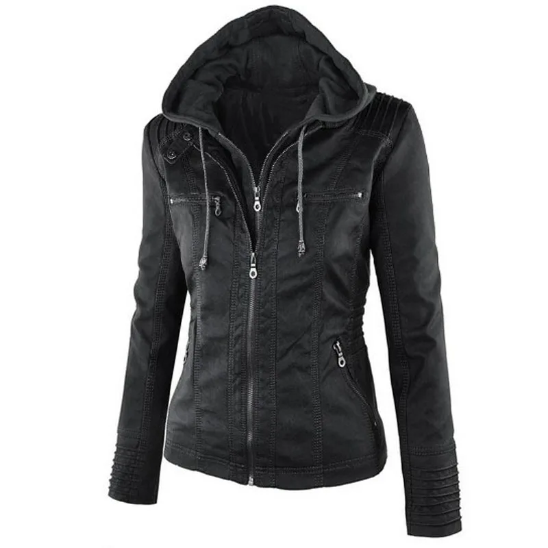 Black AYPOQ XS-7XL женская кожаная куртка женские толстовки топы на молнии с длинным рукавом Повседневные весенние осенние черные искусственная короткая куртка женская верхняя одежда - Цвет: Black
