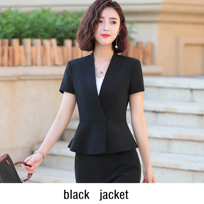 black jacket Женские костюмы тонкий летний короткий рукав короткая куртка брюки 2 шт набор OL формальные женские брючные костюмы женский комплект костюмы 8851 - Цвет: black jacket