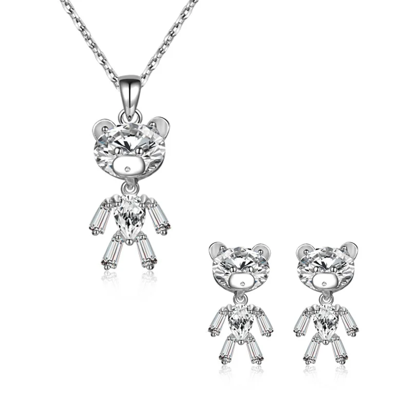 Девушка Стерлингового Серебра 925 Медведь Pattern White Crystal Серьги Ожерелье/Кулон