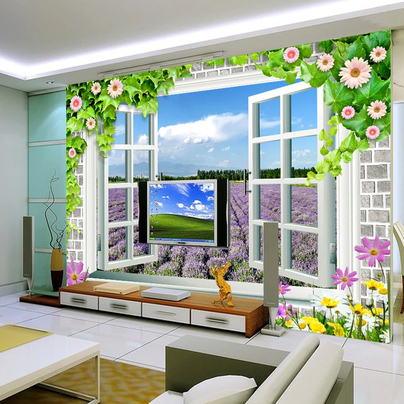 

Custom 3D photo wallpaper scenery outside window wallpaper mural purple lavender fake windows pastoral wallpaper