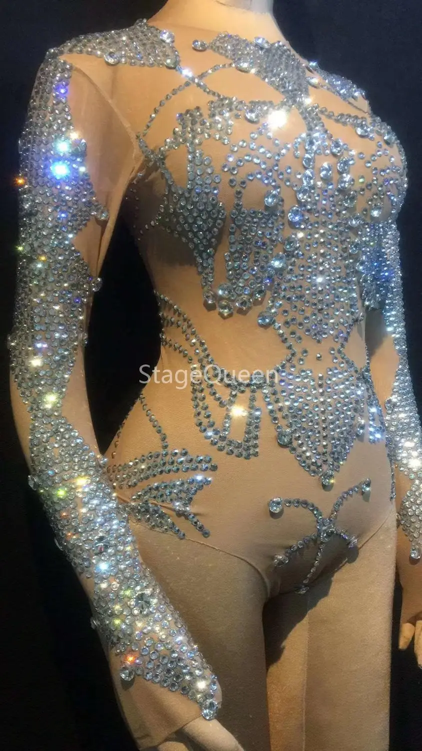 DS DJ Bodysuit Flashing Silver Rhinestones Bodysuit Women Birthday Celebrate Outfit Stage Evening Bar Singer Dancer Show Outfit