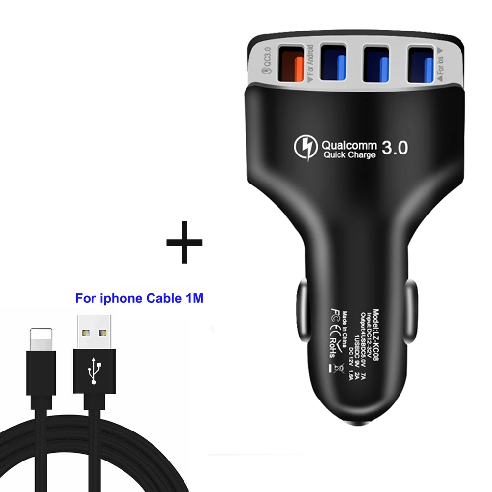 Add iphone cable QC3.0 автомобильное зарядное устройство Quick Charge 3,0 быстрое зарядное устройство 4 порта автомобильное USB зарядное устройство адаптер универсальная Быстрая зарядка для iPhone samsung Xiaomi - Тип штекера: Add iphone cable