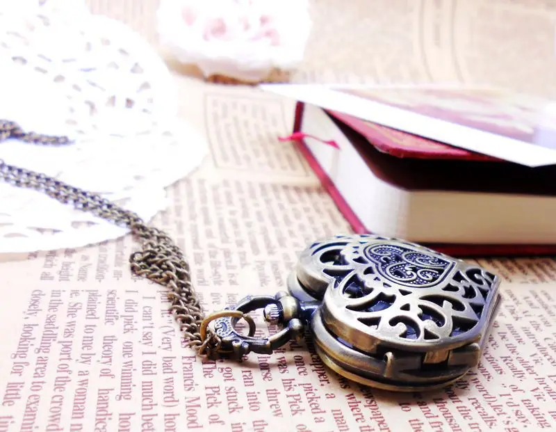 Free shipping wholesale vintage bronze antique hollow heart shaped top quality clock pendant necklace | Наручные часы