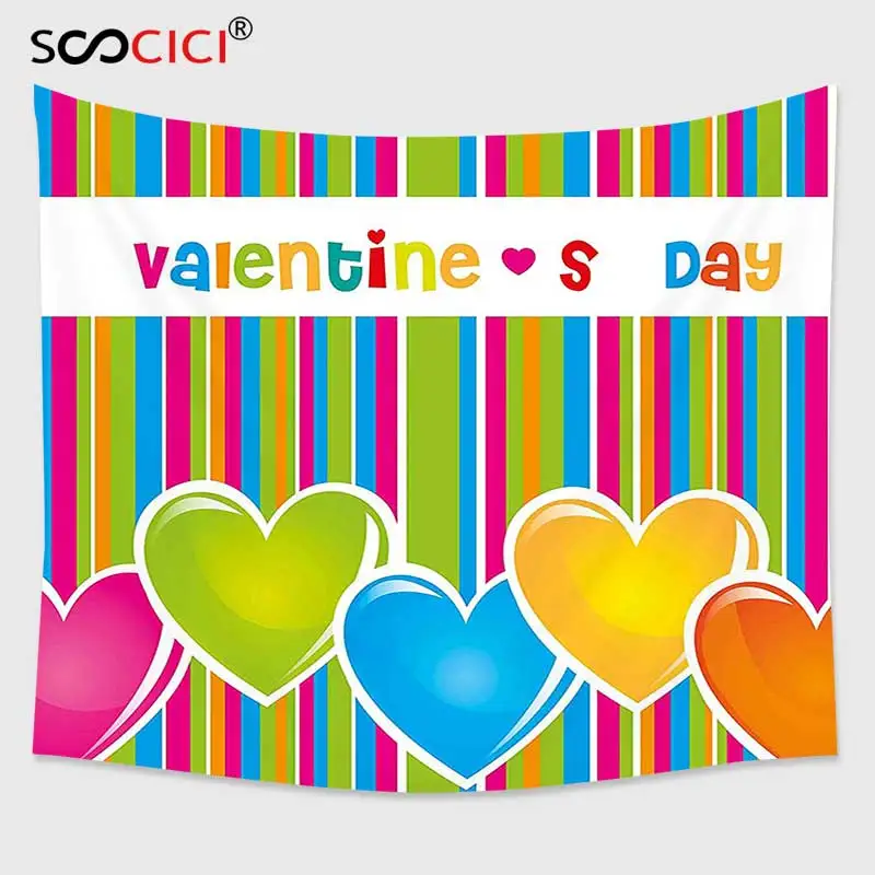 

Cutom Tapestry Wall Hanging,Valentines Day Decor Romantic Couple Day Rainbow Colored Stripes and Hearts Artwork Print Multicolor