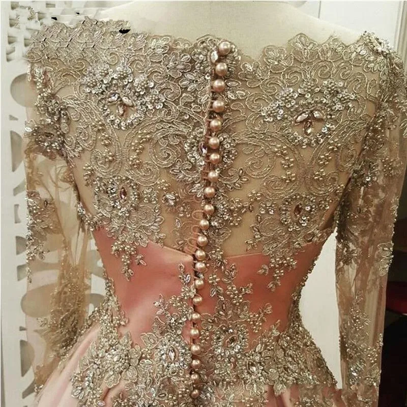 

Muslim Evening Dresses A-line Long Sleeves Pearls Lace Islamic Dubai Kaftan Saudi Arabic Long Formal Evening Gown