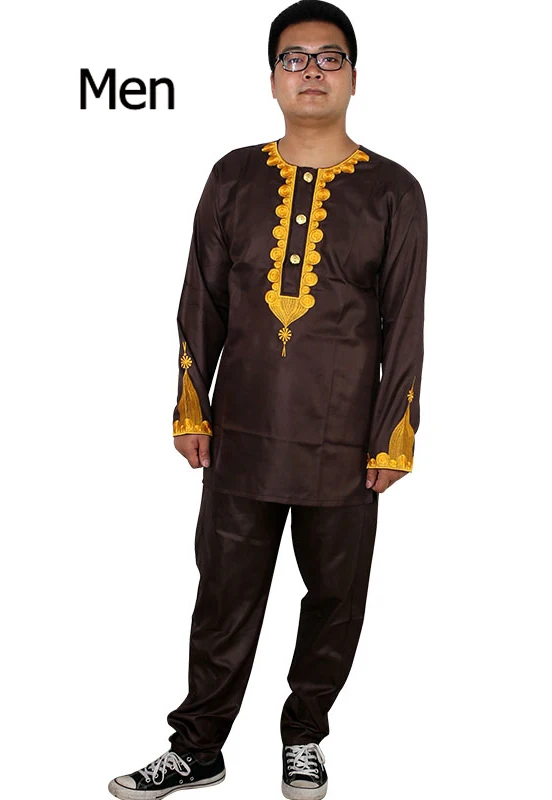 men brown Африканская детская одежда Базен Риш Дашики мужская одежда в африканском стиле Южная Африка рубашка брюки 2 шт костюмы комплект для родителей - Цвет: men brown
