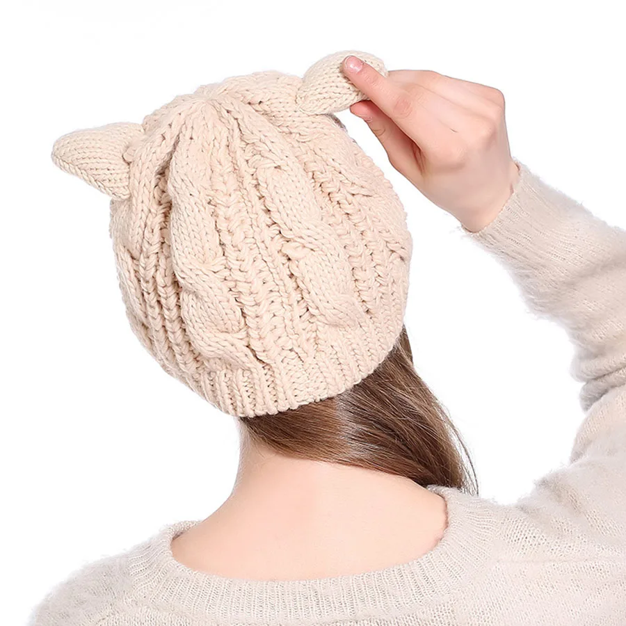 Для женщин Милое кошачье ушко Hat Skullies шапочки теплые однотонные Цвет хип-хоп леди