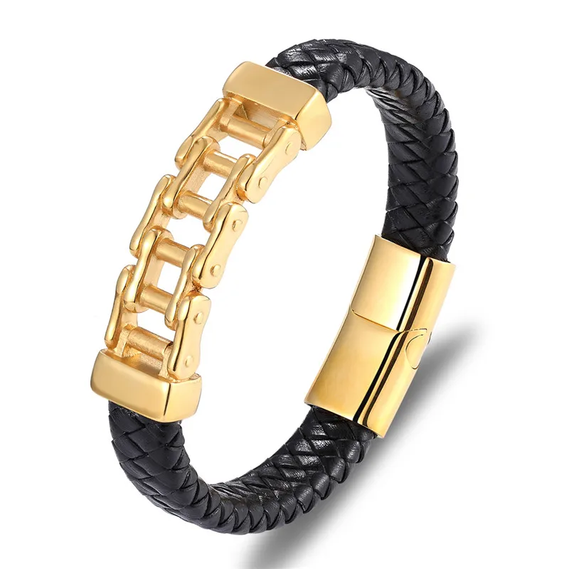 Hip Hop Bike Chain Charm Bracelets For Men Stainless Steel Gold Bicycle Genuine Leather Bracelet homme Rock Jewelry Gifts | Украшения и