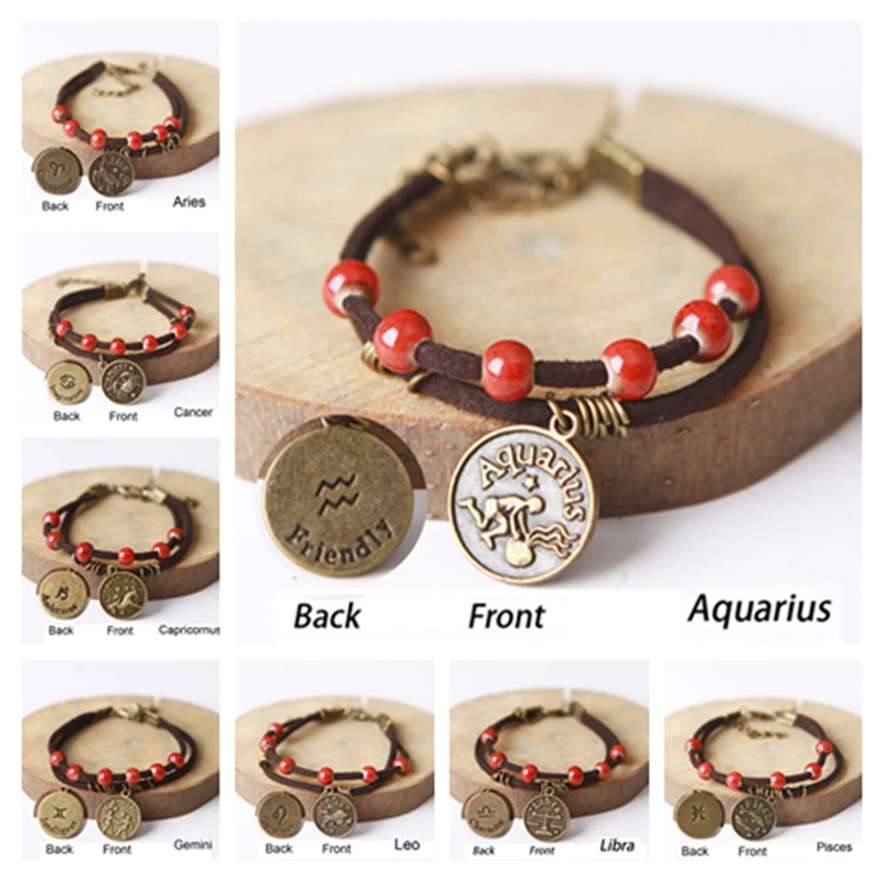 Ceramic Beaded Charm Rope Bracelet with Constellation Pendant 12 Zodiac Astrological Sign Horoscope Cancer Bangle Birthday Gifts | Украшения