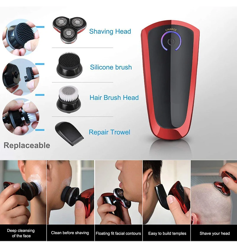 JINDING 4 In 1 Men's Electric Shaver Razor Beard Shaver Hair Trimmer Bald Washable Facial Cleansing Machine USB Rechargeable