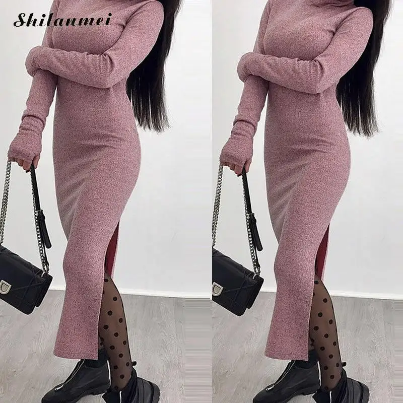 Knitted Dresses Woman Warm Winter Long Sleeve Turtleneck Sweater Dress Sexy Side Slit Slim Female Pullovers Elegant Maxi | Женская