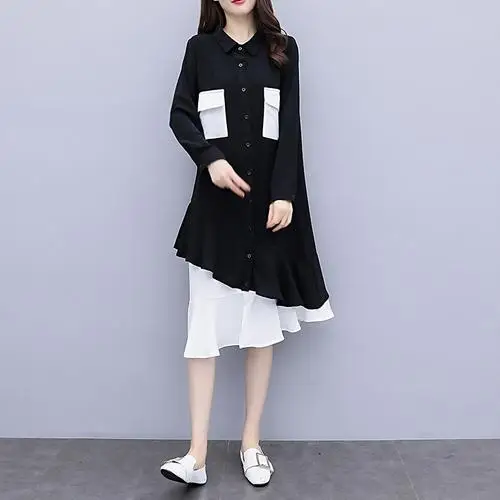 L-4xl, черное платье Mori girl, женское, плюс размер, весна-осень, карманы, оборки, лоскутные платья, Ретро стиль, ленивый стиль, свободные, Vestidos - Цвет: black