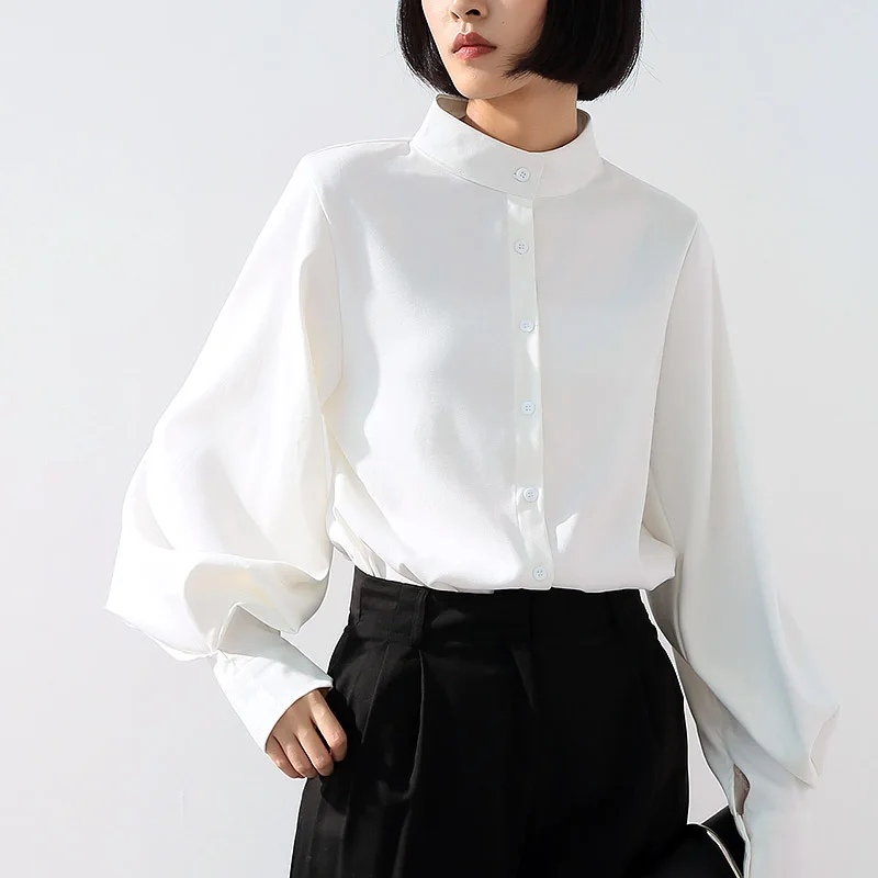 Long Wide Lantern Sleeve Blouse Women Tops and Blouses Vintage Stand Collar Button Down Shirts Female 2019 Spring Fashion Tops