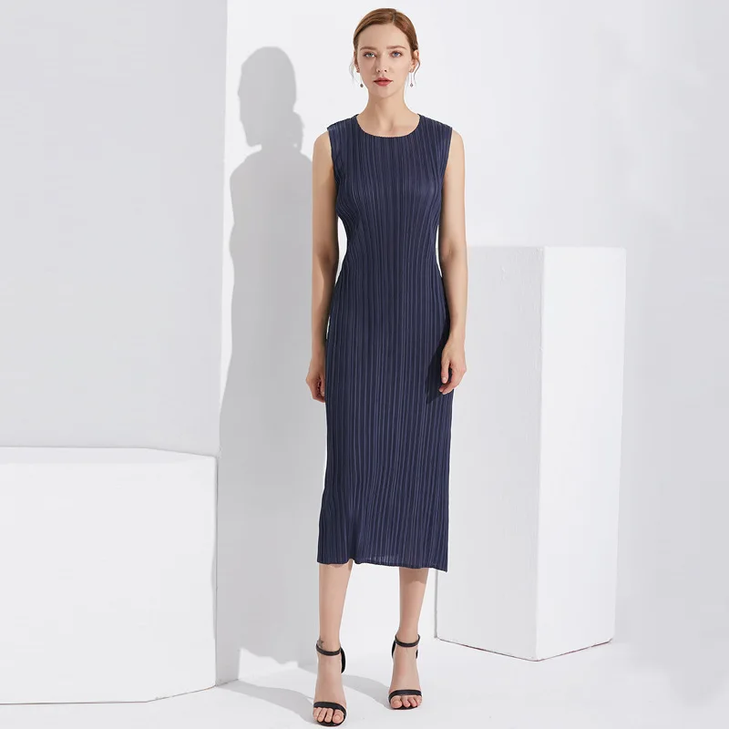 

Miyake Fold Summer Japanese New Style Round-collar Sleeveless Dress Women's Mid-long Vest Dress