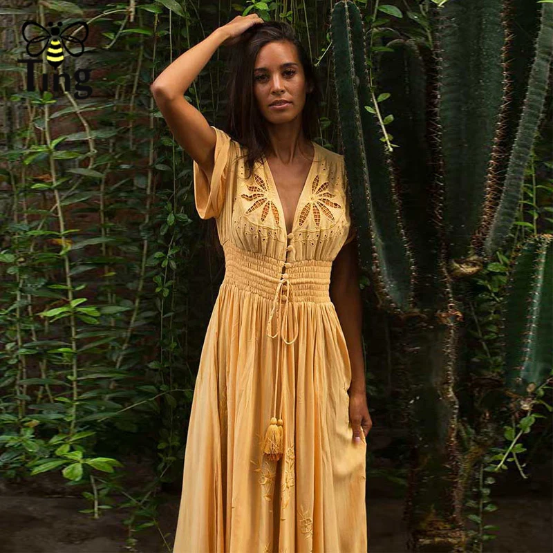 Женские вечерние платья в пол Tingfly дизайнерские ажурные длинные с глубоким v