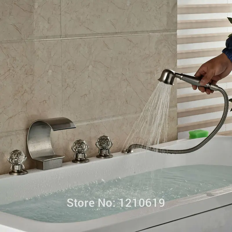Newly 5Pcs Bathroom Shower Tub Mixer Faucet w/ Hand Nickel Brushed Bathtub Set Crystal Handles | Обустройство дома