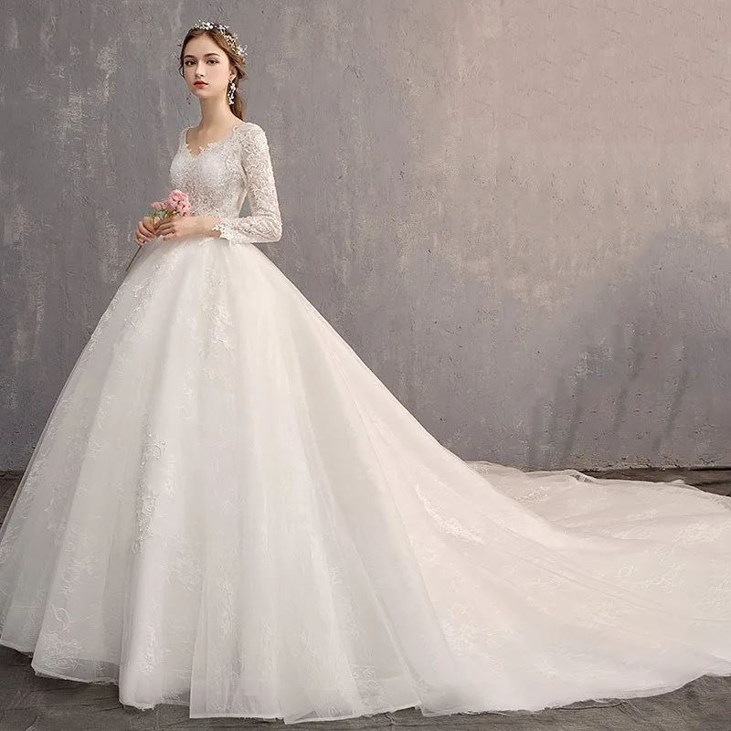 Женское свадебное платье с длинным рукавом Vestido de Noiva бальное открытой спиной и v образным вырезом большого