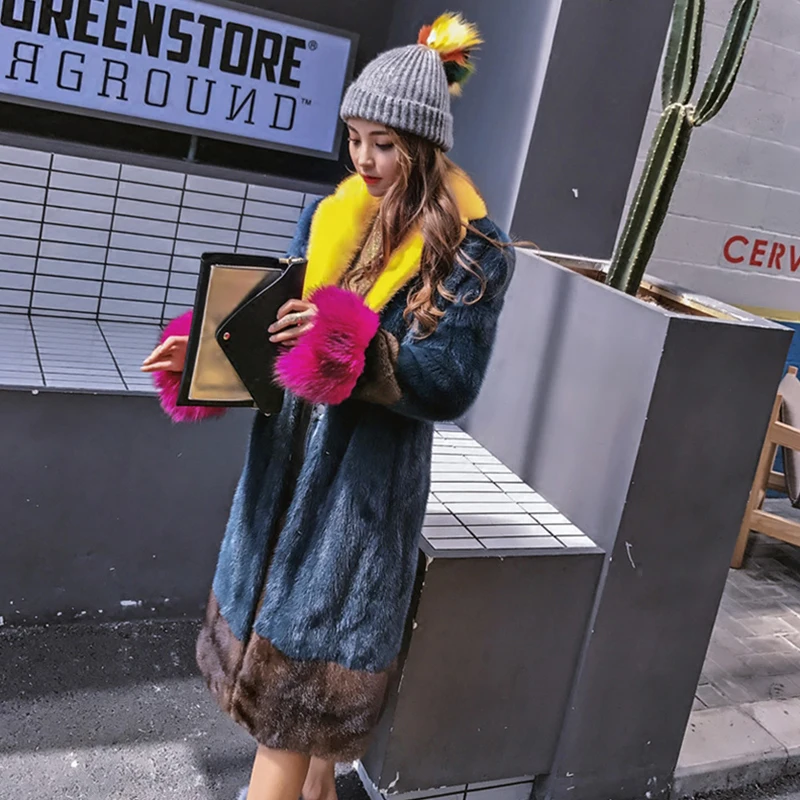 Stylish Winter 2019 female jacket colorful elegant long real mink fur coats polo collar raccoon dog sleeve new Women's clothing