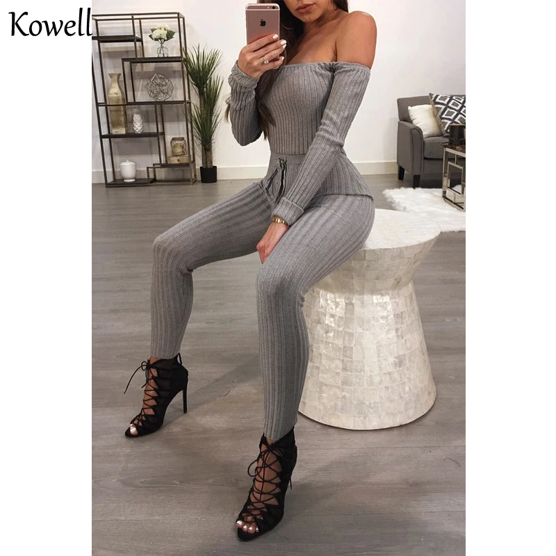 

2021 Strapless Slash Neck Women Sexy Two Piece Suit Long Sleeve Solid Backless High Waiste Women Skinny 2 Pieces Sets For Women