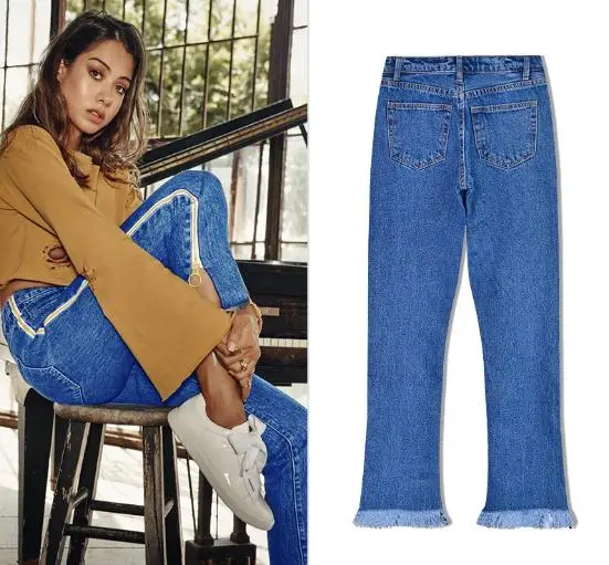 Женские джинсы с высокой талией свободные расклешенные брюки боковой молнией