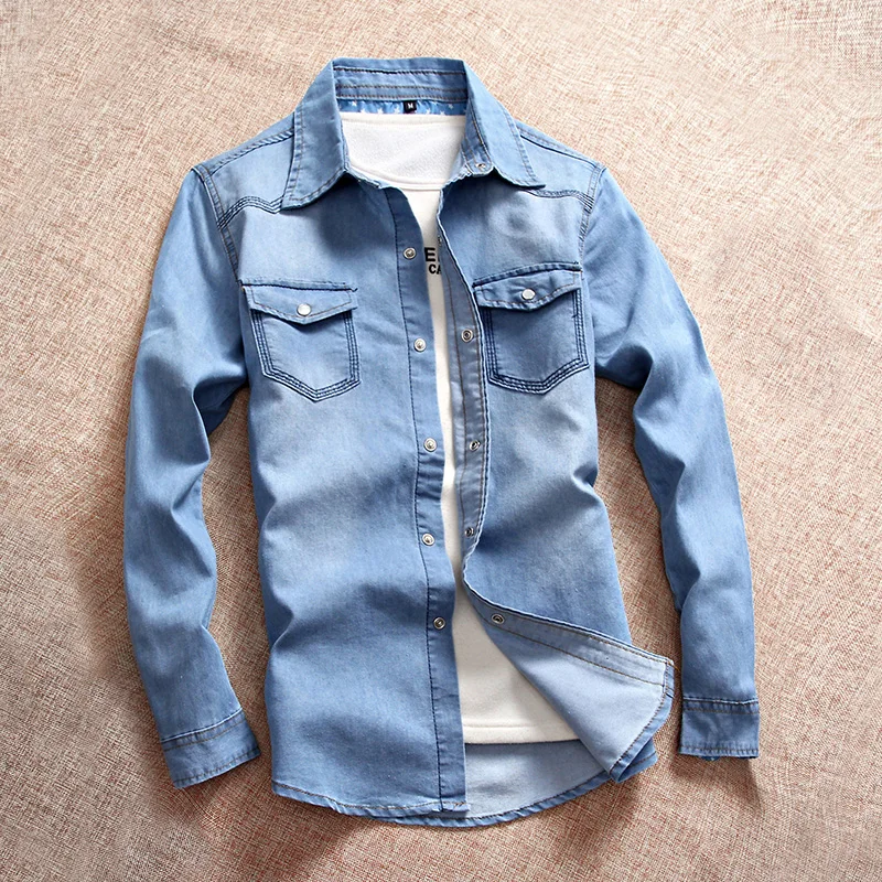 

Spring Light Blue Slim Men Cowboy Shirt Long Sleeve Retro Youth Casual Shirt