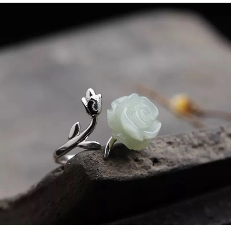 925 pure silver ring women natural and Tian Baiyu rose carving open jade fashion personality temperament jewelry | Украшения и