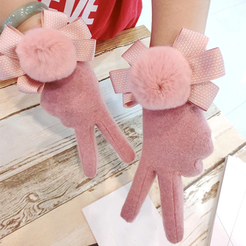 New Arrival Touch Screen Glove Cashmere Girl Sweet Cute Bowknot Warm Knitted Women Spring Winter Gloves Thick Mittens | Аксессуары для