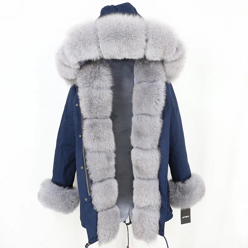 navy grey OFTBUY, Длинные парки, зимняя куртка, Женское пальто из натурального меха, натуральный Лисий мех, Отделка капюшона, черная верхняя одежда, уличная одежда, толстая теплая парка - Цвет: navy grey