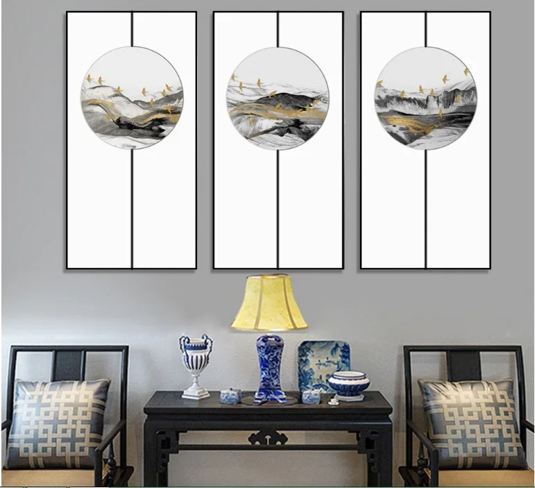 New Chinese Style Flying Bird Golden Mood Landscape 3 Pieces Decorative Paintings Wall Art Canvas Pictures for Room No Framed | Дом и сад