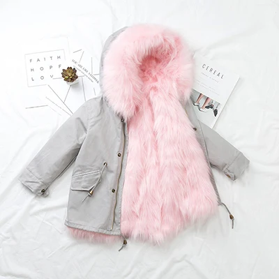 Gray WIth Pink Пальто с мехом для девочек-подростков детское зимнее пальто куртки с подкладкой из искусственного лисьего меха детская верхняя одежда плотное теплое пальто для маленьких девочек парки для мальчиков - Цвет: Gray WIth Pink