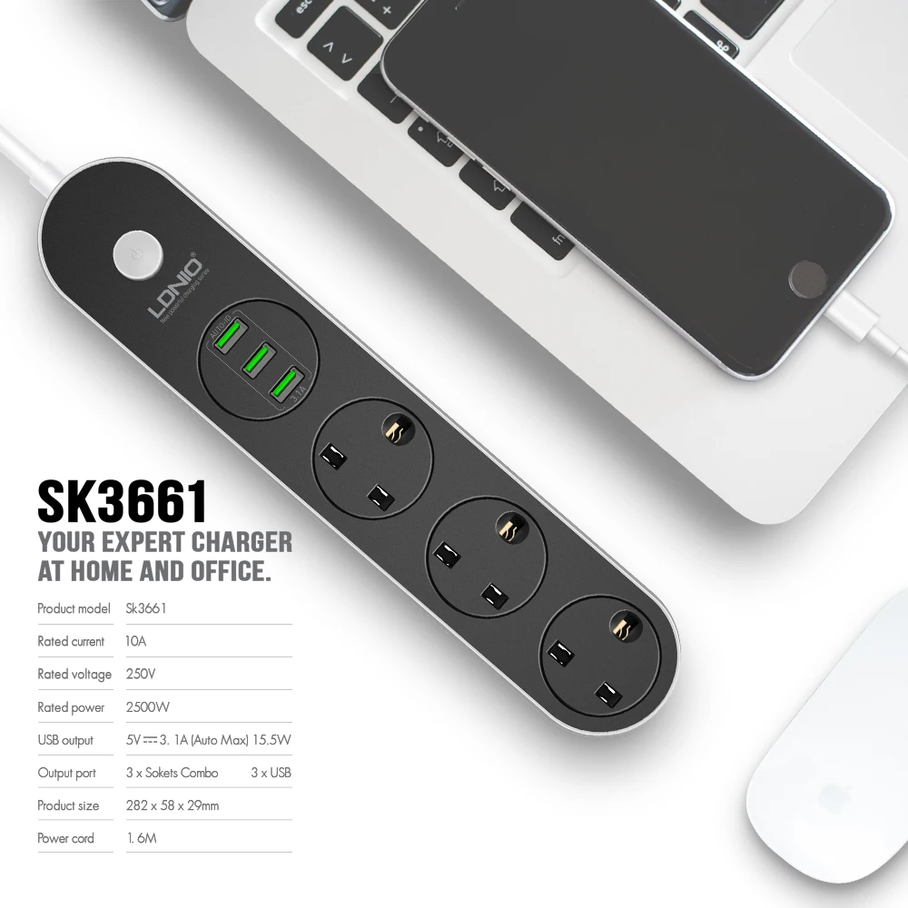LDNIO SK3661 Настольный удлинитель питания три USB 250V Номинальное напряжение зарядное