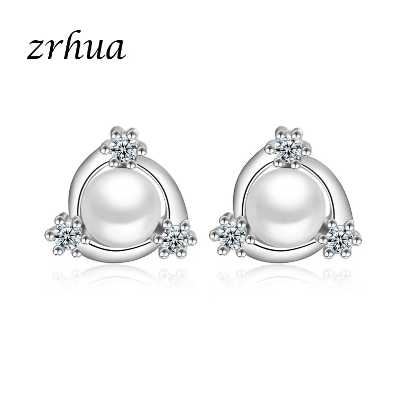 Женские серьги гвоздики с жемчугом ZRHUA серебристые блестящие прозрачным