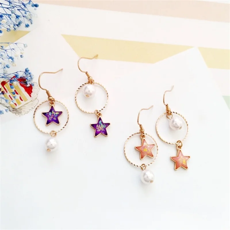 3* Japan and South Korea simple geometric metal ring simulation pearl pendant earrings star asymmetric ladies ear clip | Украшения и