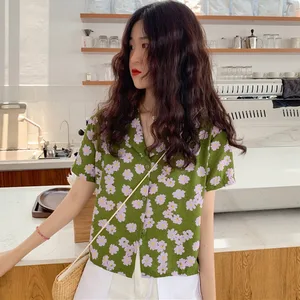 Женский цветочный принт свободный рубашка Повседневный Короткий Рукав Шифоновая Блузка отложной воротник женский топ