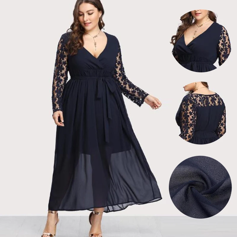 

Waist-Controlled One-Piece Dress 2019 Woman Deep V Solid Blue Dress Ladies Lace Stitching Long Sleeves Drawstring Dress Vestidos