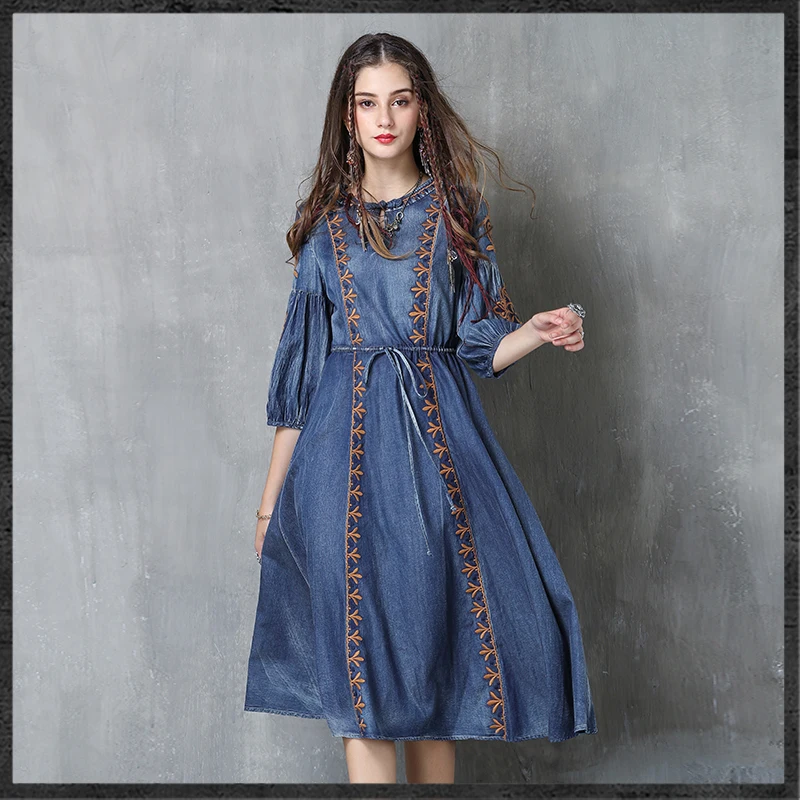 Женское платье 2018 Кир Boho хлопок лиоцелл Vestidos с круглым вырезом трапециевидной