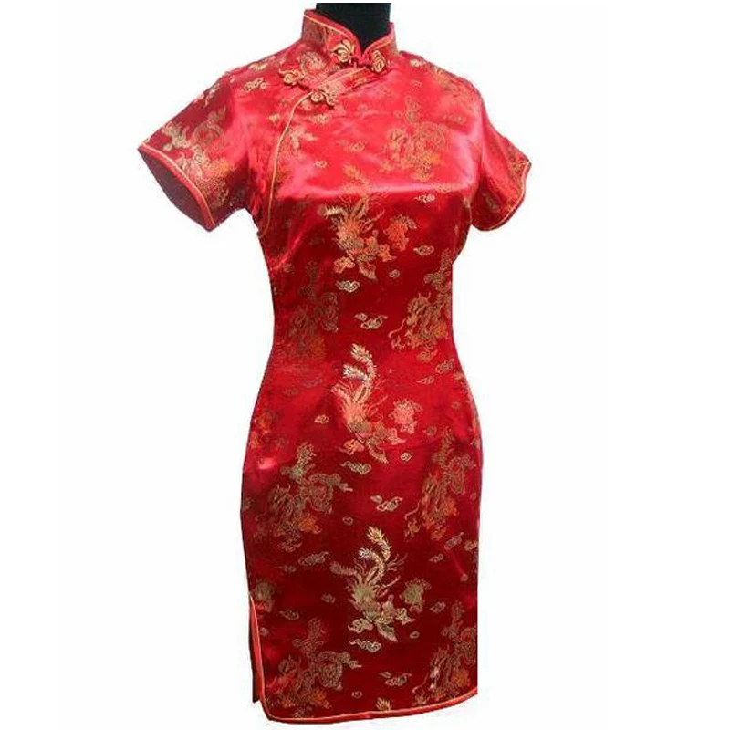 Navy Blue Traditional Chinese Women Dress Satin Short Qipao Vintage Button Dragon Cheongsam Plus Size 3XL 4XL 5XL 6XL images - 6