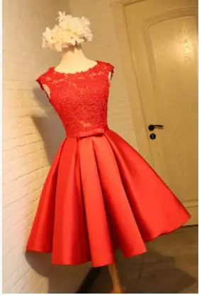 Vestido madrinha2019 новые кружевные и атласные трапециевидные розовые, красные, золотые короткие платья для невесты Дешевые Гость платье - Цвет: Красный